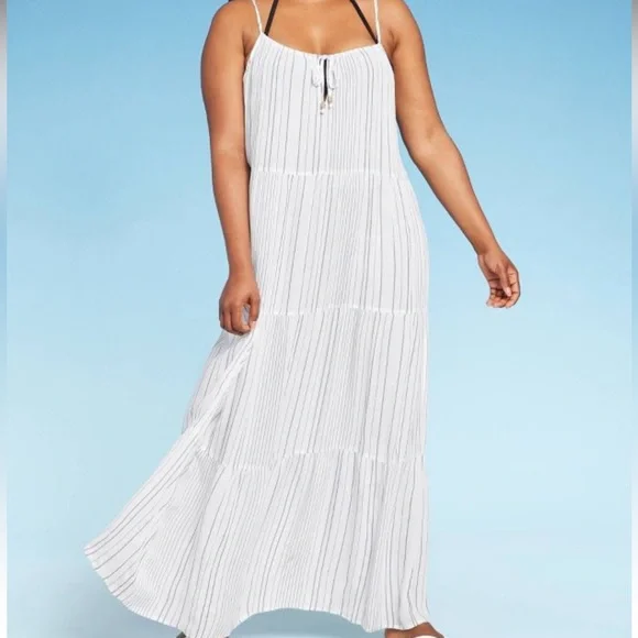 Kona Sol Women’s Tiered Maxi Cover Up Dress | White and Navy Striped - Picture 3 of 7
